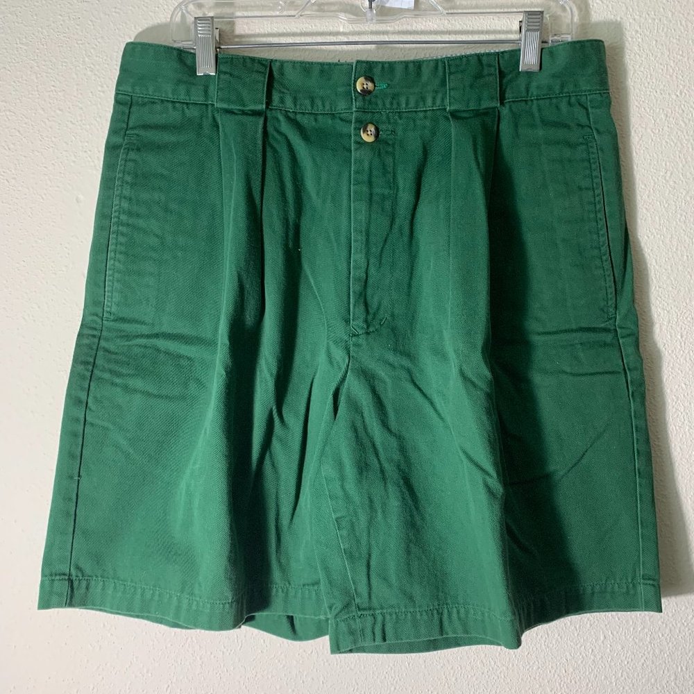 TOMMY HILFIGER MENS COTTON CASUAL SHORTS SZ 34" W GREEN PLEATED FRONT.